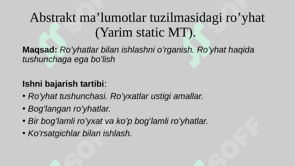 Abstrakt ma’lumotlar tuzilmasidagi ro‘yhat (statik va dinamik). Ko‘rsatkichlar 2