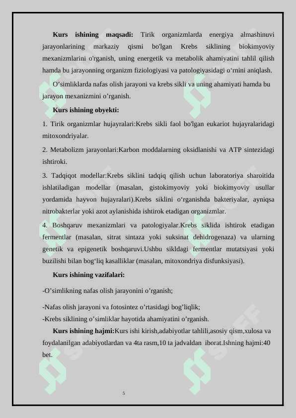 KREBS SIKLI VA UNING AHAMIYATI KURS ISHI. 5