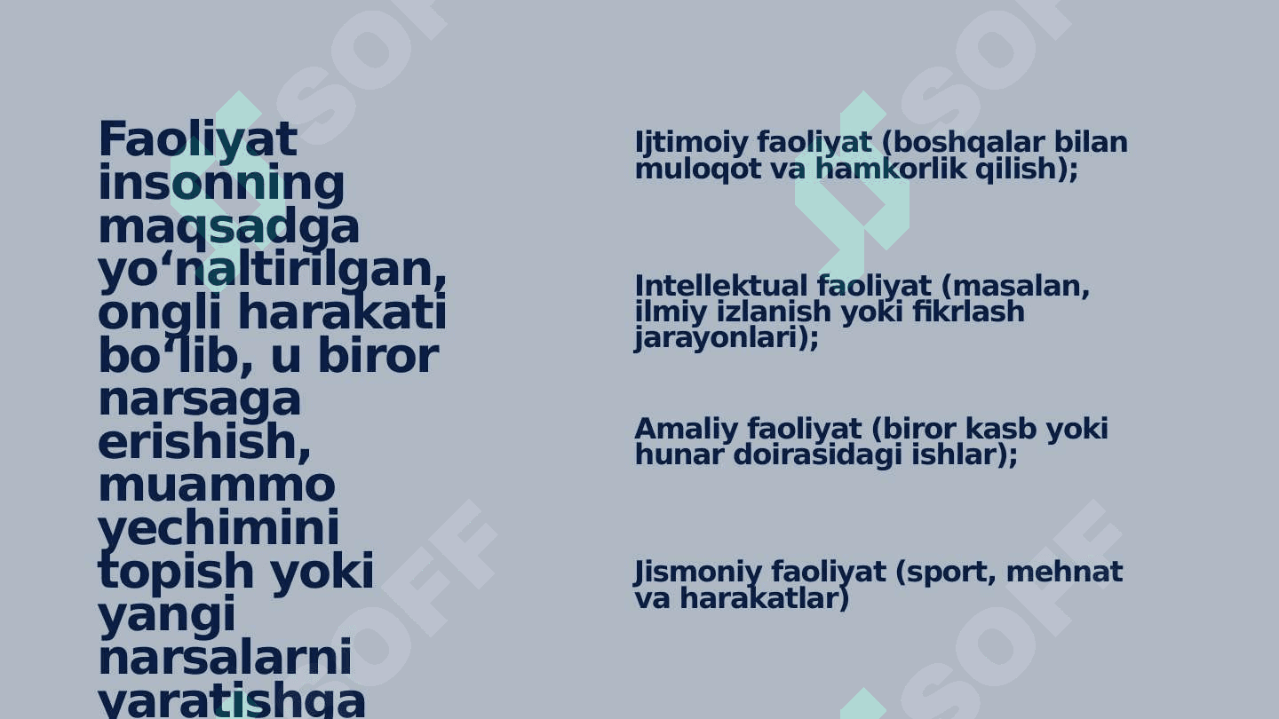 faoliyatning o'zlashtirilishi va malakalarni egallash, motivatsiya va uning turlari 5