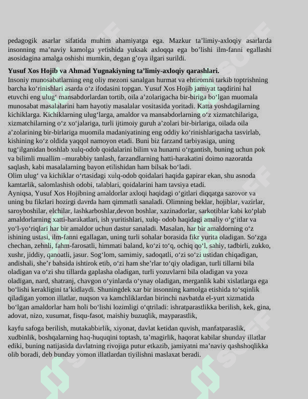 Yusuf Xos Hojibning "Qutadg'u bilig" asari - pandnoma asar sifatida. Ahmad Yugnakiyning "Hibatul - haqoyiq" asarida didaktik qarashlar. 2