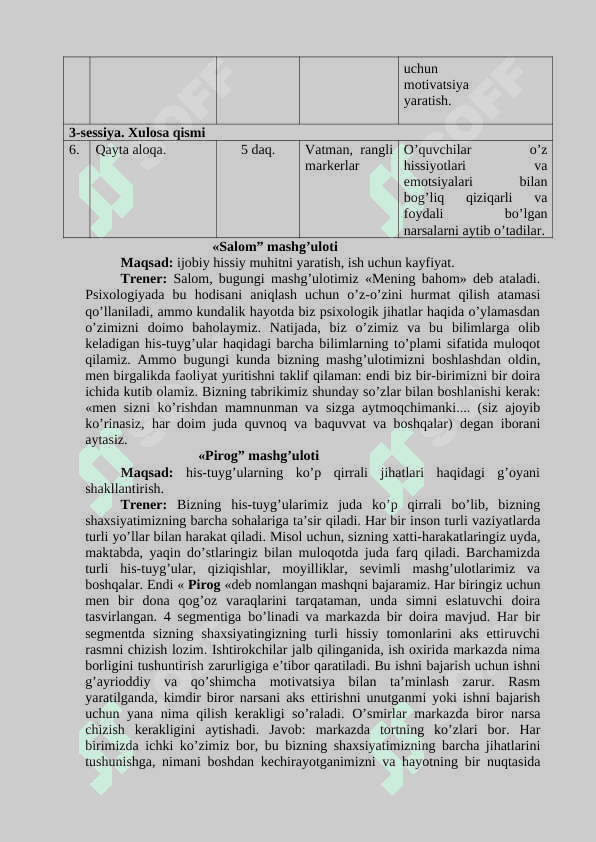 "Hissiyotlar va emotsiyalarni boshqarish usullari" Trening ishlanma 2