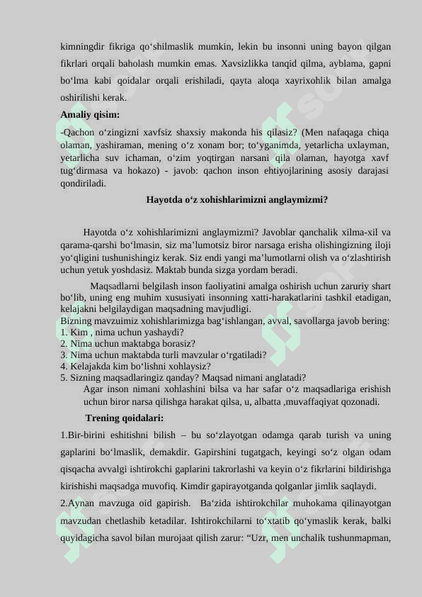 "Hayotda o'z xoxishlarimizni anglash" Trening ishlanma 3