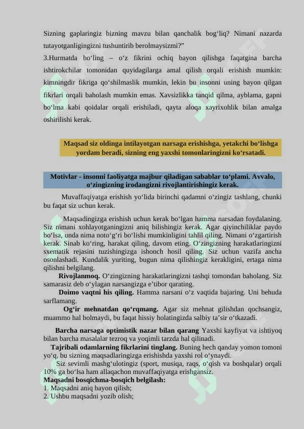 "Hayotda o'z xoxishlarimizni anglash" Trening ishlanma 4