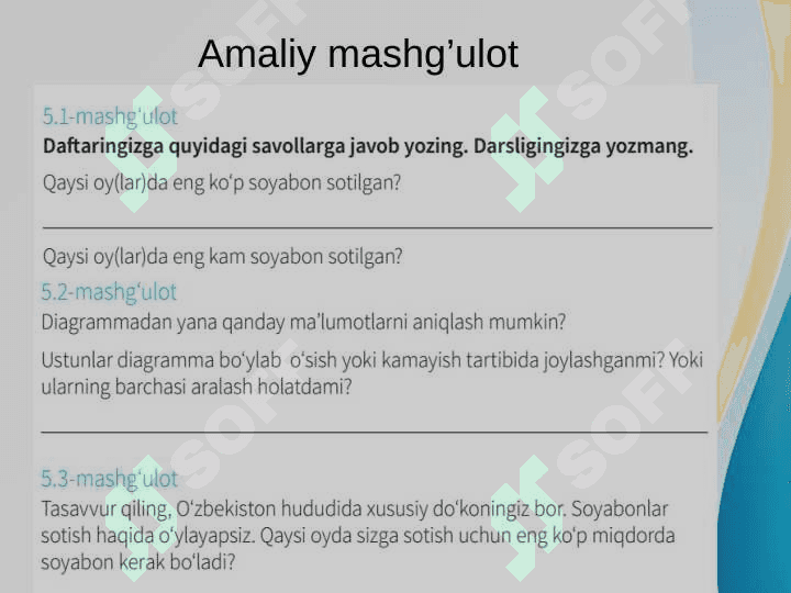 5-informatika-Diagramma turini tanlash. Diagrammaga x-oʻqi, y-oʻqi hamda diagramma nomini joylash 6