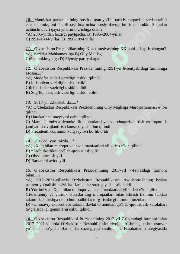 O'zbekistonning eng yangi tarixidan test savollari, javoblari bilan 2