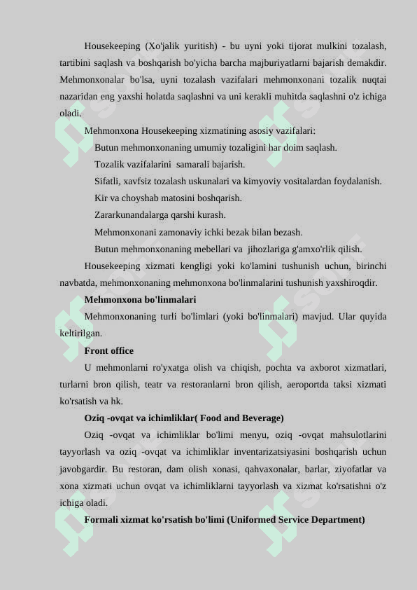 “Housekeeping xizmati” faning madsadi va vazifalari 2