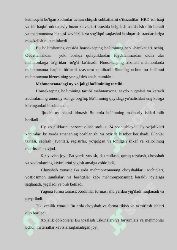 “Housekeeping xizmati” faning madsadi va vazifalari 4