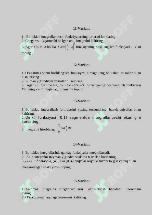 Matematik analiz fanidan variantlashtirilgan savollar 3