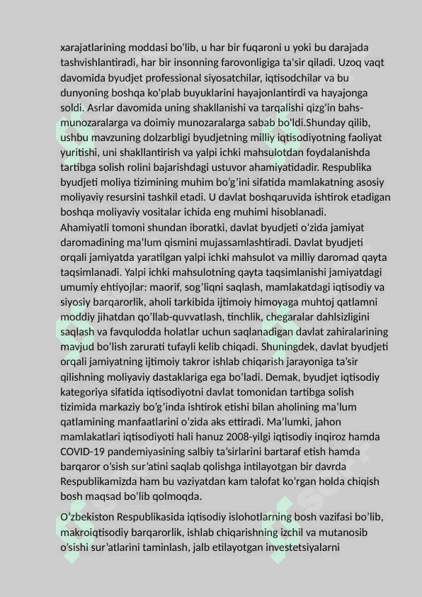 Davlat byudjeti tarkibi va uni takomillashtirish yo’llari. 2