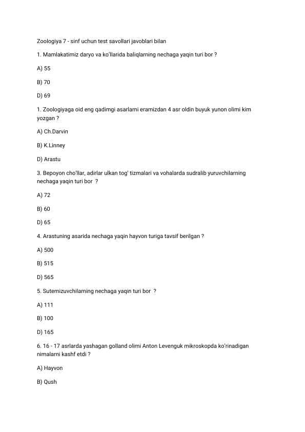 Zoologiya 7 sinf uchun test savollari javoblari bilan   30 ta test