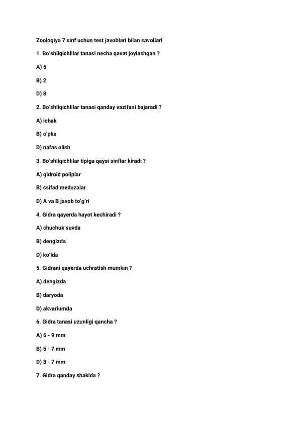Zoologiya 7 sinf uchun test savollari javoblari bilan   30 ta test