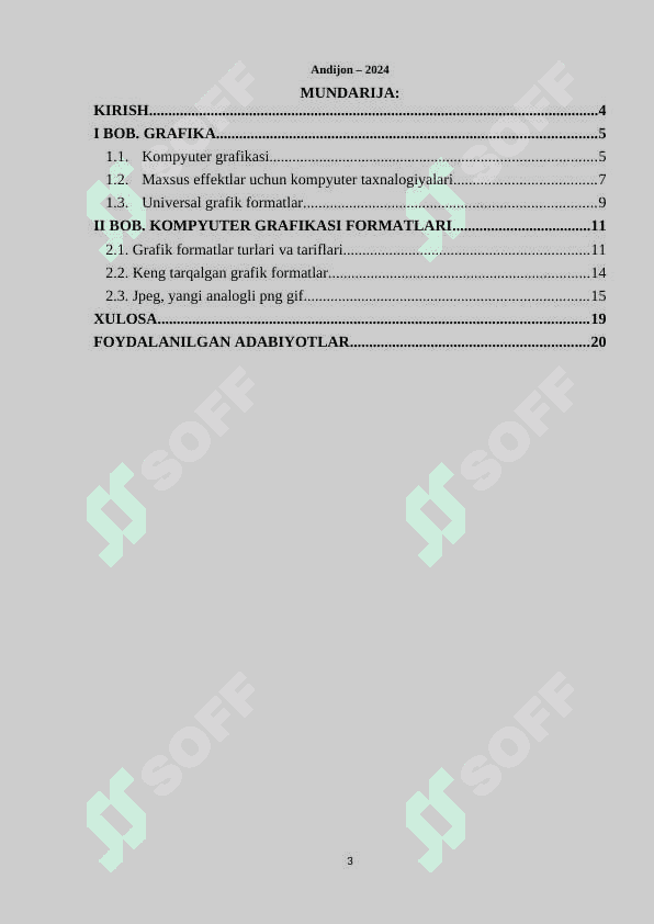 Universal grafik formatlar, ularning hususiyatlari. BMP, JPEG, TFF. 3