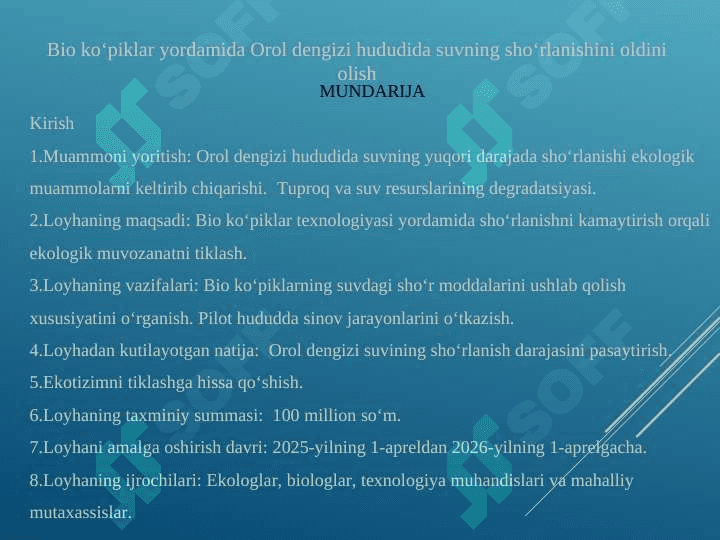 Bio ko‘piklar yordamida suvning sho‘rlanishini oldini olish. 2