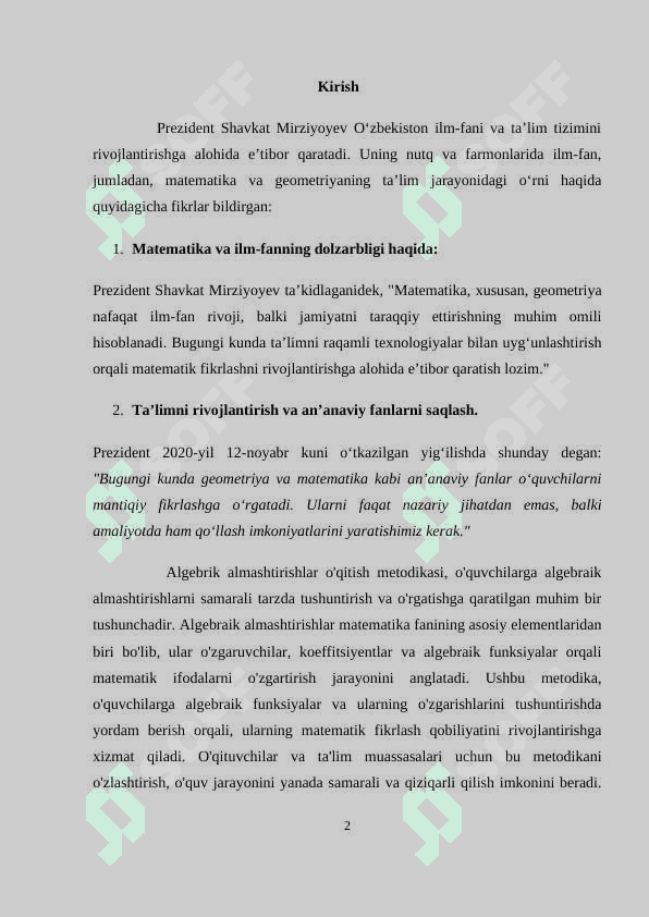 KURS ISHI MATEMARIKA-  ALGEBRIK ALMASHTIRISHLAR 2