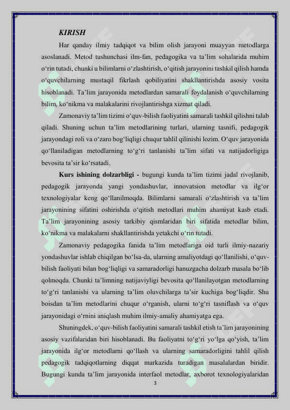 Metod tushunchasi .Uning turlari va tasnifi. O'quv bilish faoliyatini tashkil qilish metodi va ular orasidagi bog'liqlik 3