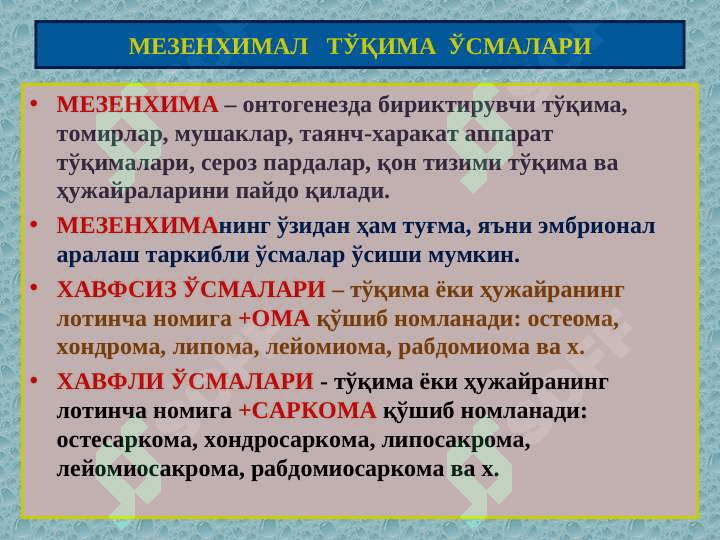 Мезенхимал, меланинли ва нерв тўқима ўсмалари 2