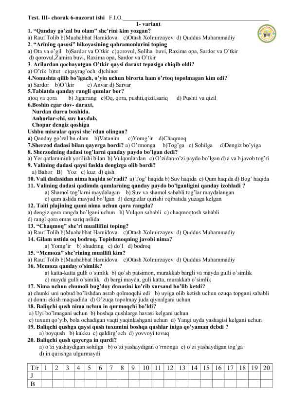 6- nazorat ishi o'qish 4 sinf