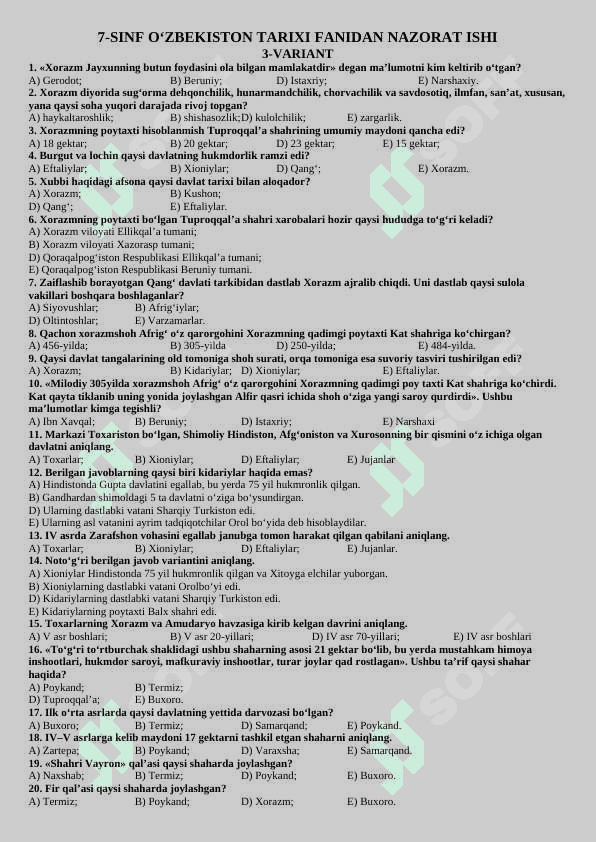7-sinf O'zbekiston tarixi fanidan 1-nazorat ishi 3