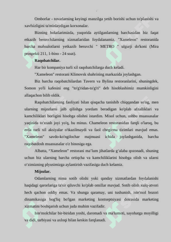 "Xameleon" restorani misolida korxonaning marketing faoliyatini tashkil etish. 6