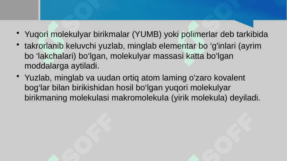 Yuqori molekulyar birikmalar kimyosidagiasosiy tushunchalar 2
