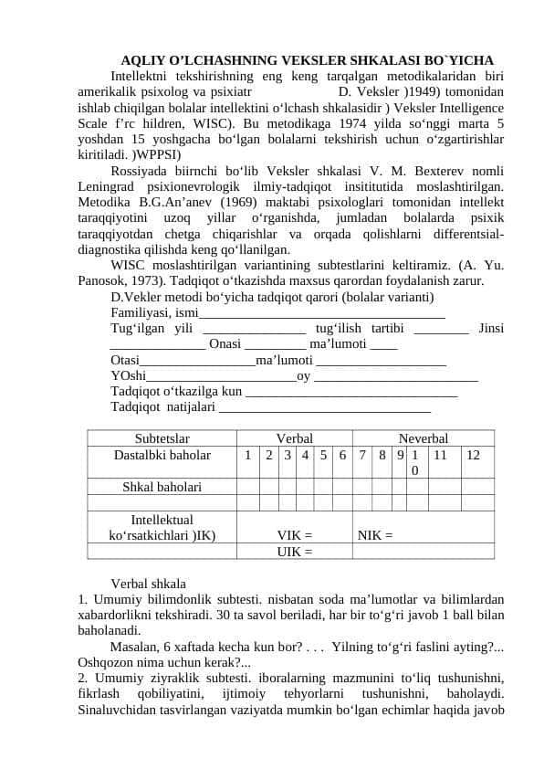 AQLIY O’LCHASHNING VEKSLER SHKALASI BO`YICHA