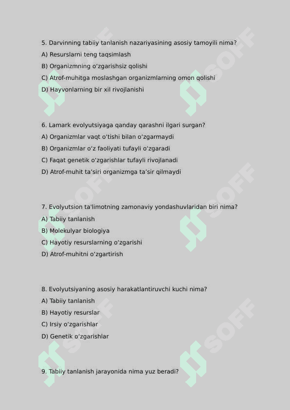 Evolyutsion ta'limot haqida test javoblari bilan 2