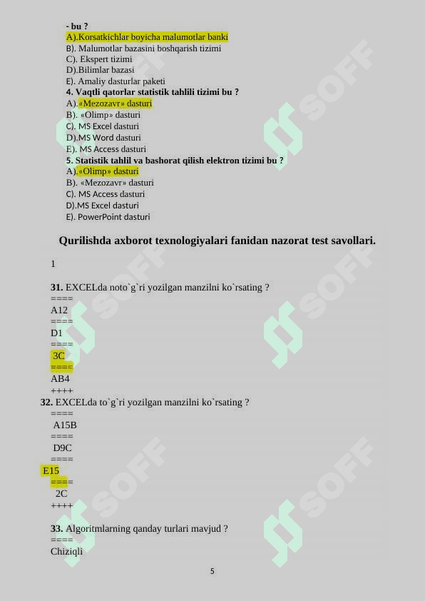 Informatika test javoblari bilan 5
