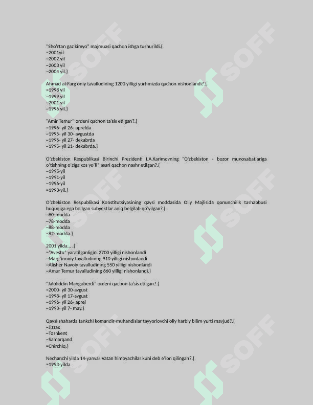 Oʻzbekiston tarixi test javoblari bilan 3