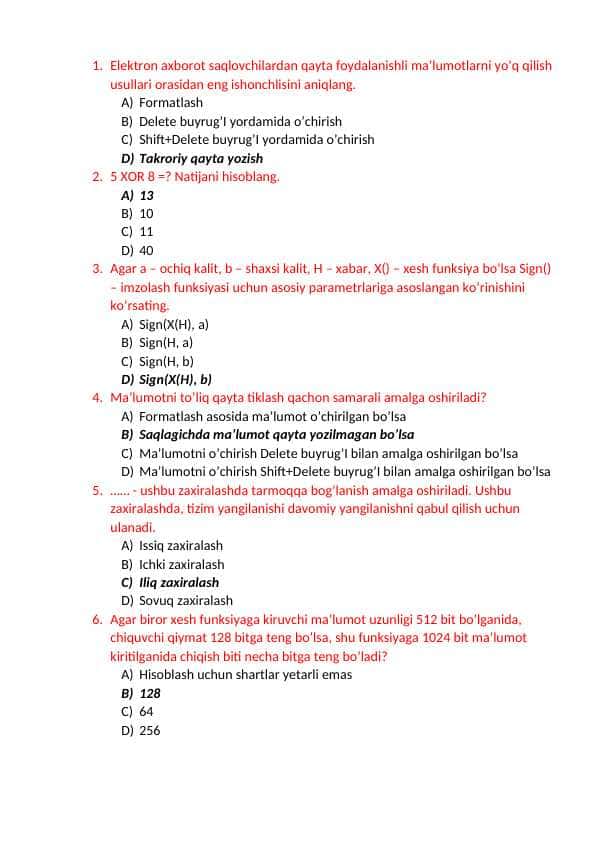 KIBERXAFSIZLIK Test 220ta savol javobi bilan