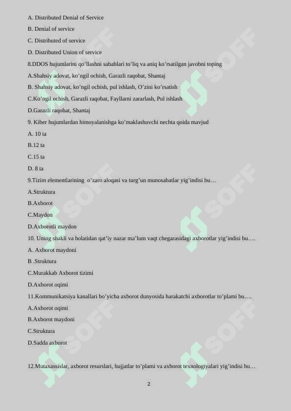 KIberxafsizlik 200 talik test savol javobi bilan 2