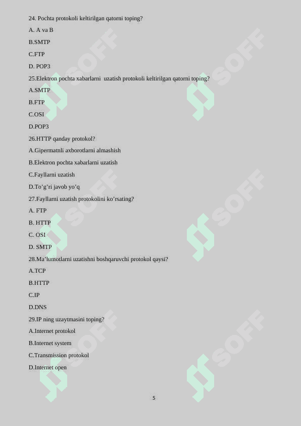 KIberxafsizlik 200 talik test savol javobi bilan 5
