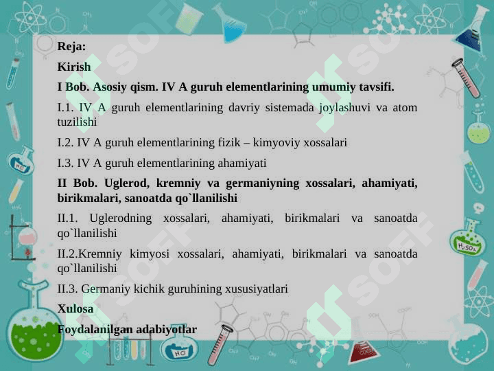 IV A guruhining elementlari: uglerod kimyosi, kremniy kimyosi, germaniy kichik guruhining xususiyatlari 2