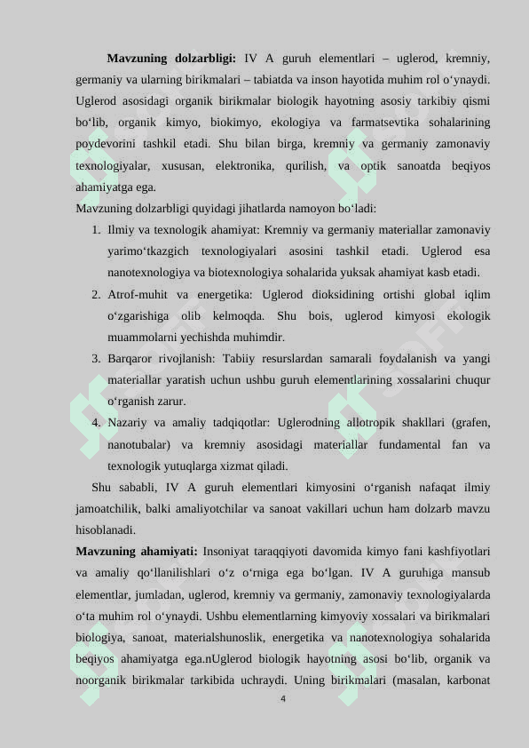 IV A guruhining elementlari: uglerod kimyosi, kremniy kimyosi, germaniy kichik guruhining xususiyatlari 4