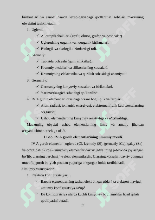 IV A guruhining elementlari: uglerod kimyosi, kremniy kimyosi, germaniy kichik guruhining xususiyatlari 7