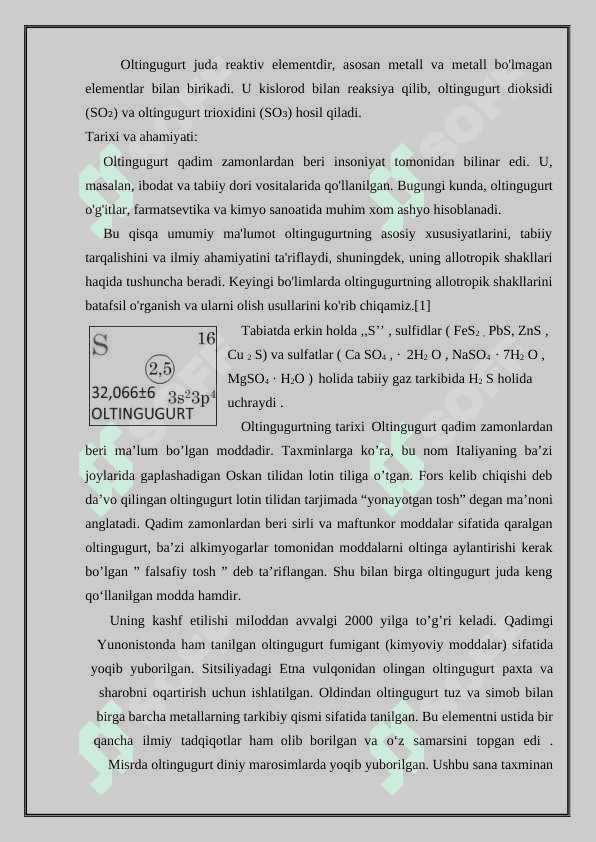 Oltingugurt allotropiyasi, tuzilishi, olinishi va xossalari 7