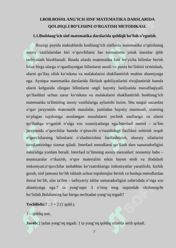 BOSHLANG’ICH SINF MATEMATIKA DARSLARIDA QOLDIQLI BO‘LISH. 7