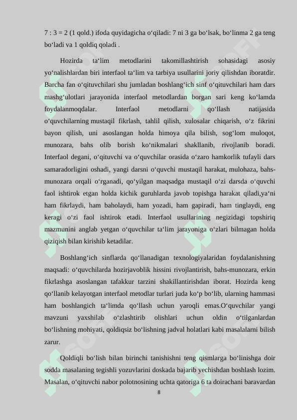 BOSHLANG’ICH SINF MATEMATIKA DARSLARIDA QOLDIQLI BO‘LISH. 8