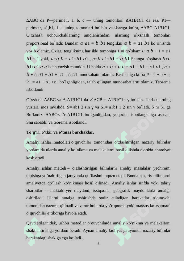 UCH BURCHAKLAR BO‘YICHA AMALIY MASHQ VA TADBIQNI O‘TKAZISH METODIKASI. 8