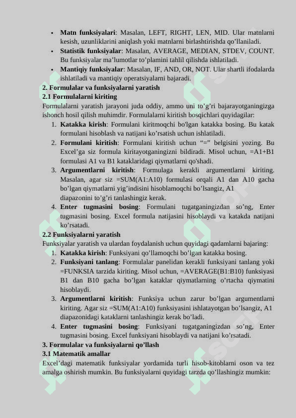 MS Excelda formula va funksiyalar bilan ishlash 2