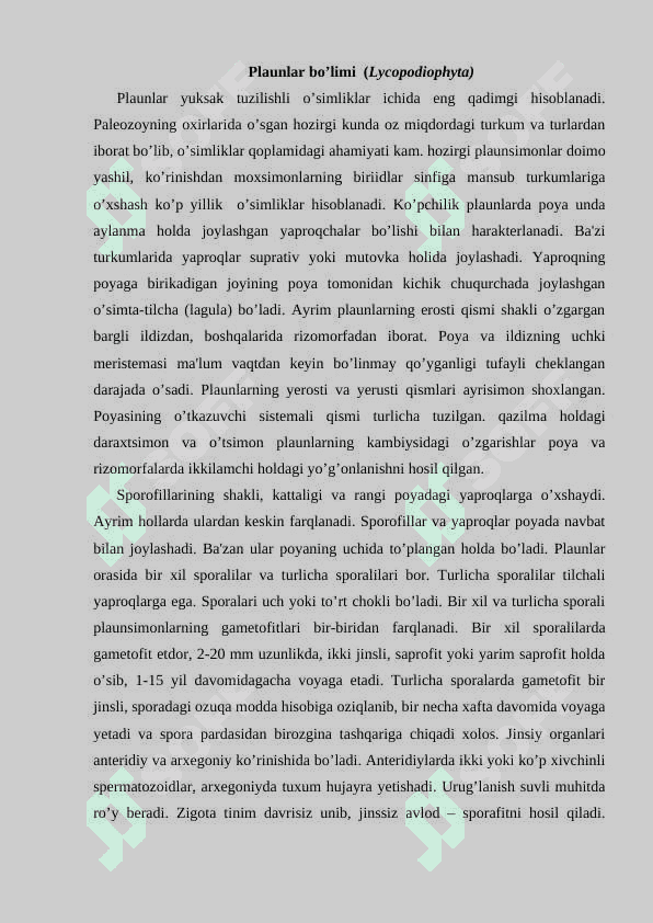 PLAUNLAR (LYCOPODIOPHYTA) BO`LIMI 2