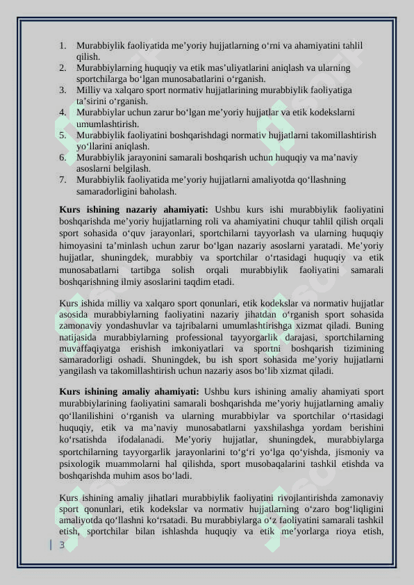 Murabbiylik faoliyatini amalga oshirishda foydalaniladigan me’yoriy hujjatlar  kurs ishi 3