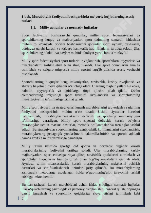 Murabbiylik faoliyatini amalga oshirishda foydalaniladigan me’yoriy hujjatlar  kurs ishi 5