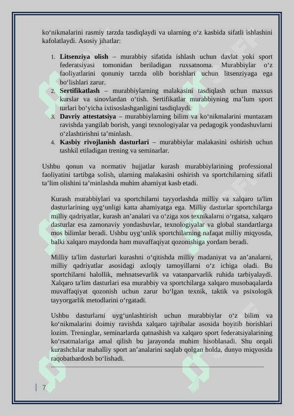 Murabbiylik faoliyatini amalga oshirishda foydalaniladigan me’yoriy hujjatlar  kurs ishi 7