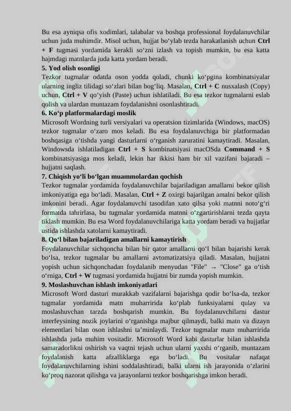 Microsoft Office Word matn muharririda tezkor tugmalar 2