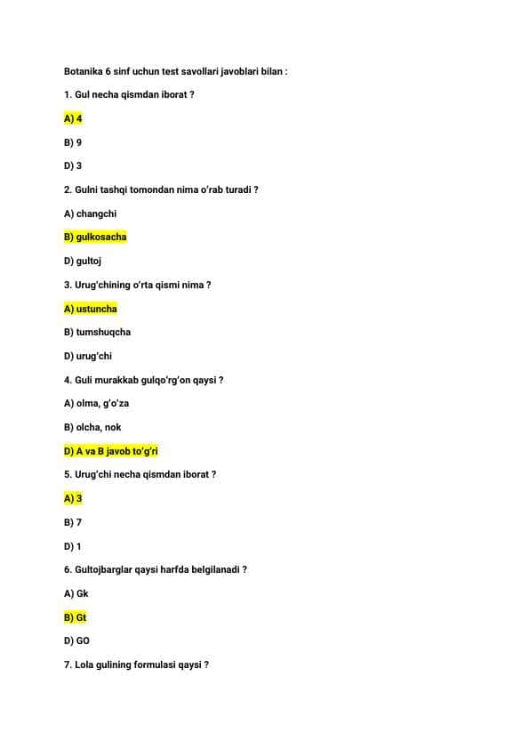 Biologiya / 6-sinf / Test savollari javoblari bilan