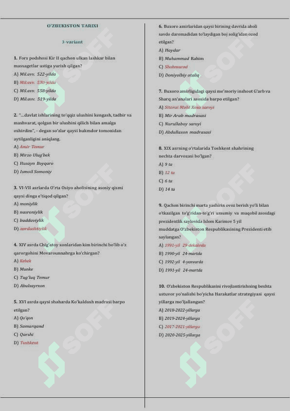 Majburiy Tarix fanidan Tushish ehtmoli yuqori 100 variant 3