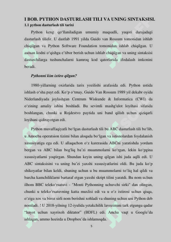 PYTHON DASTURLASH TILIDA RO‘YXATLAR VA MASSIVLAR BILAN ISHLASH  MAVZUSIDA 5