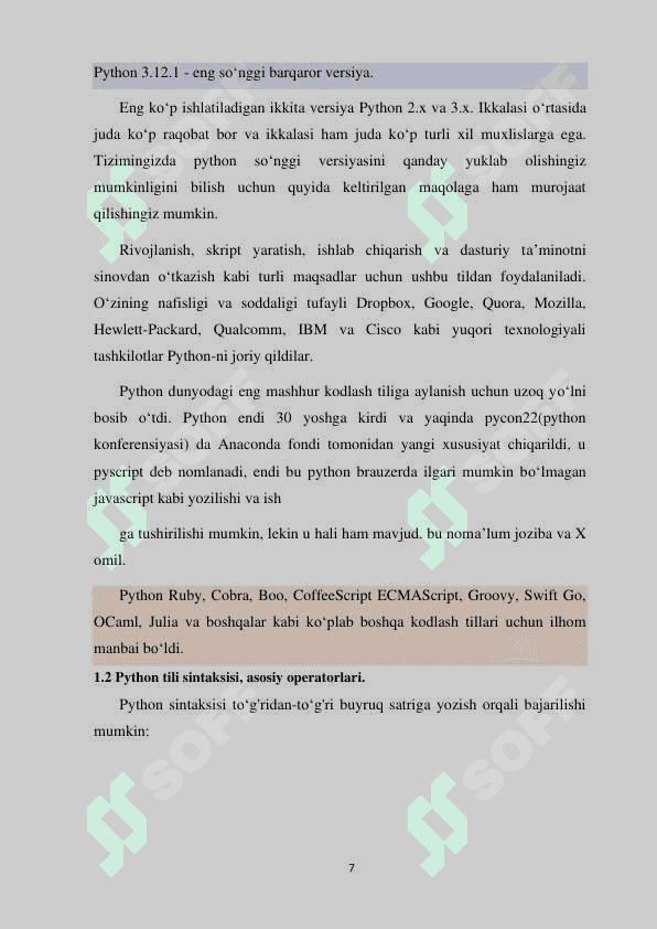 PYTHON DASTURLASH TILIDA RO‘YXATLAR VA MASSIVLAR BILAN ISHLASH  MAVZUSIDA 7