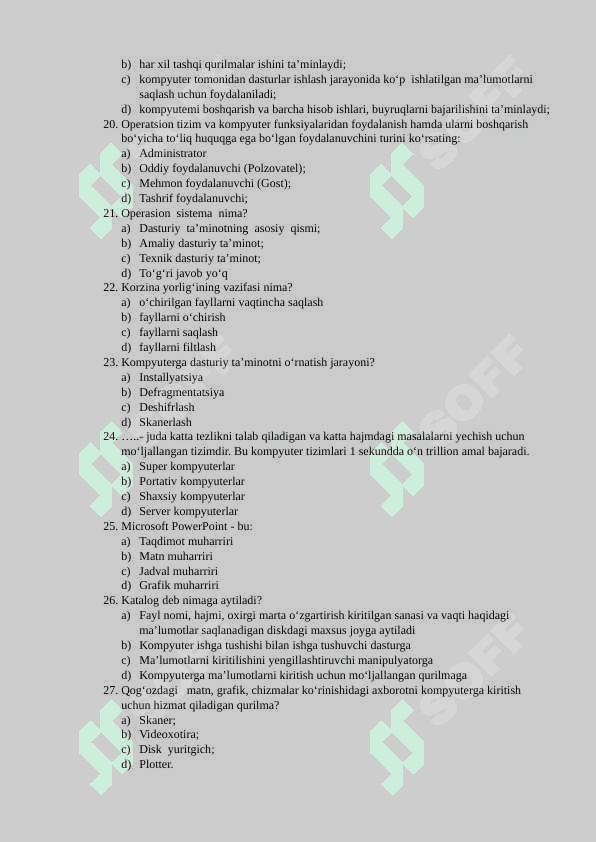 Kompyuterning texnik va dasturiy ta'minoti fanida test 3