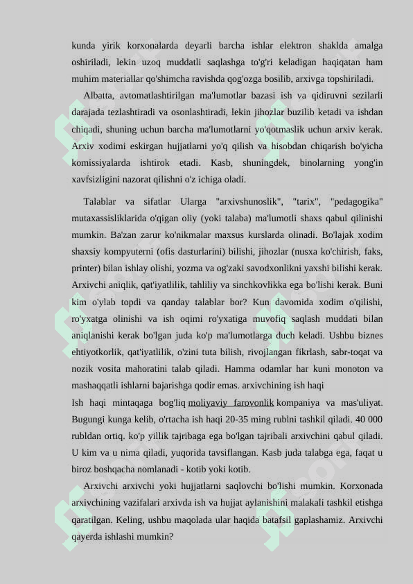 Arxivchi kasbining hozirgi kundagi o‘rni va ahamiyati 3